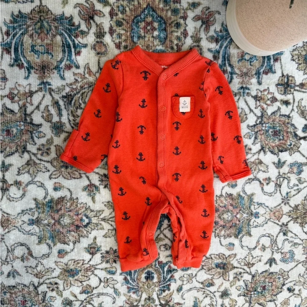 Y2K Carter’s Newborn Nautical Anchor Print Button Snap Romper One Piece Footless